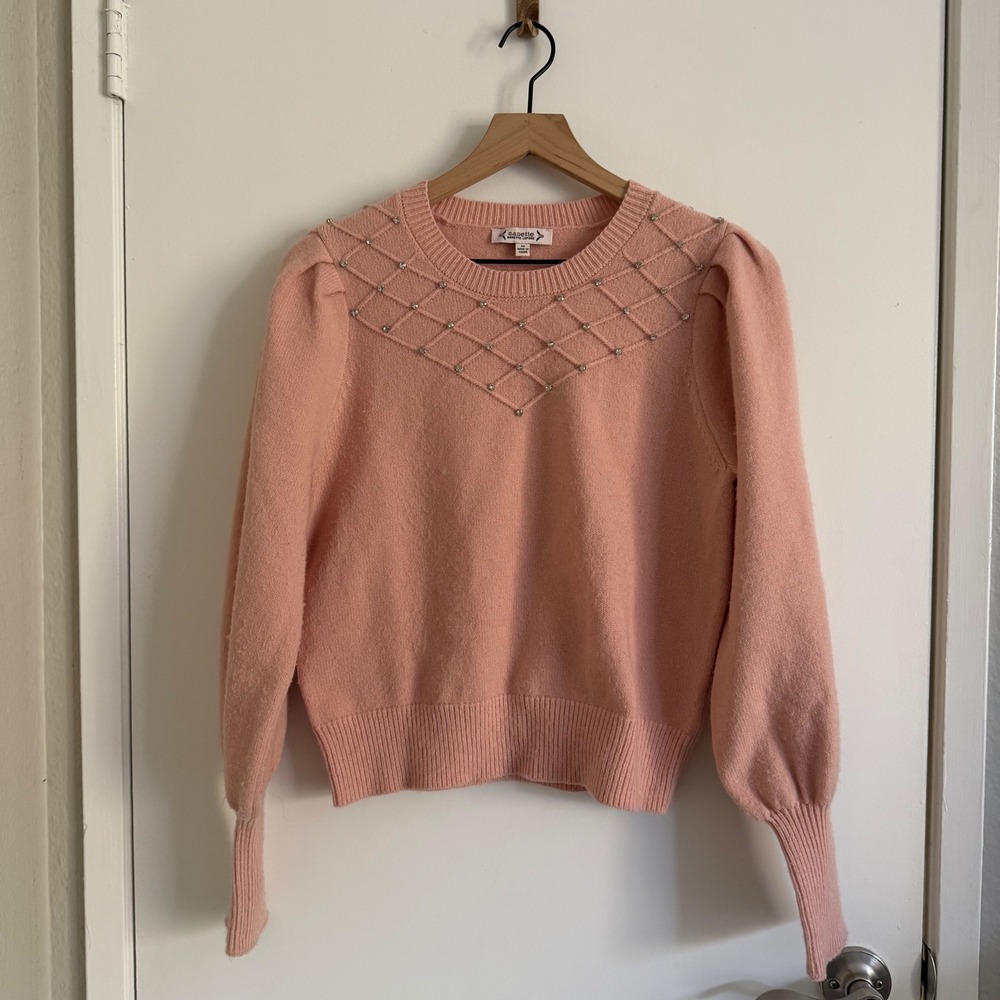Nanette Lepore Pink Rhinestone Puff Sleeve Sweater Chic Coquette Classy Holiday
